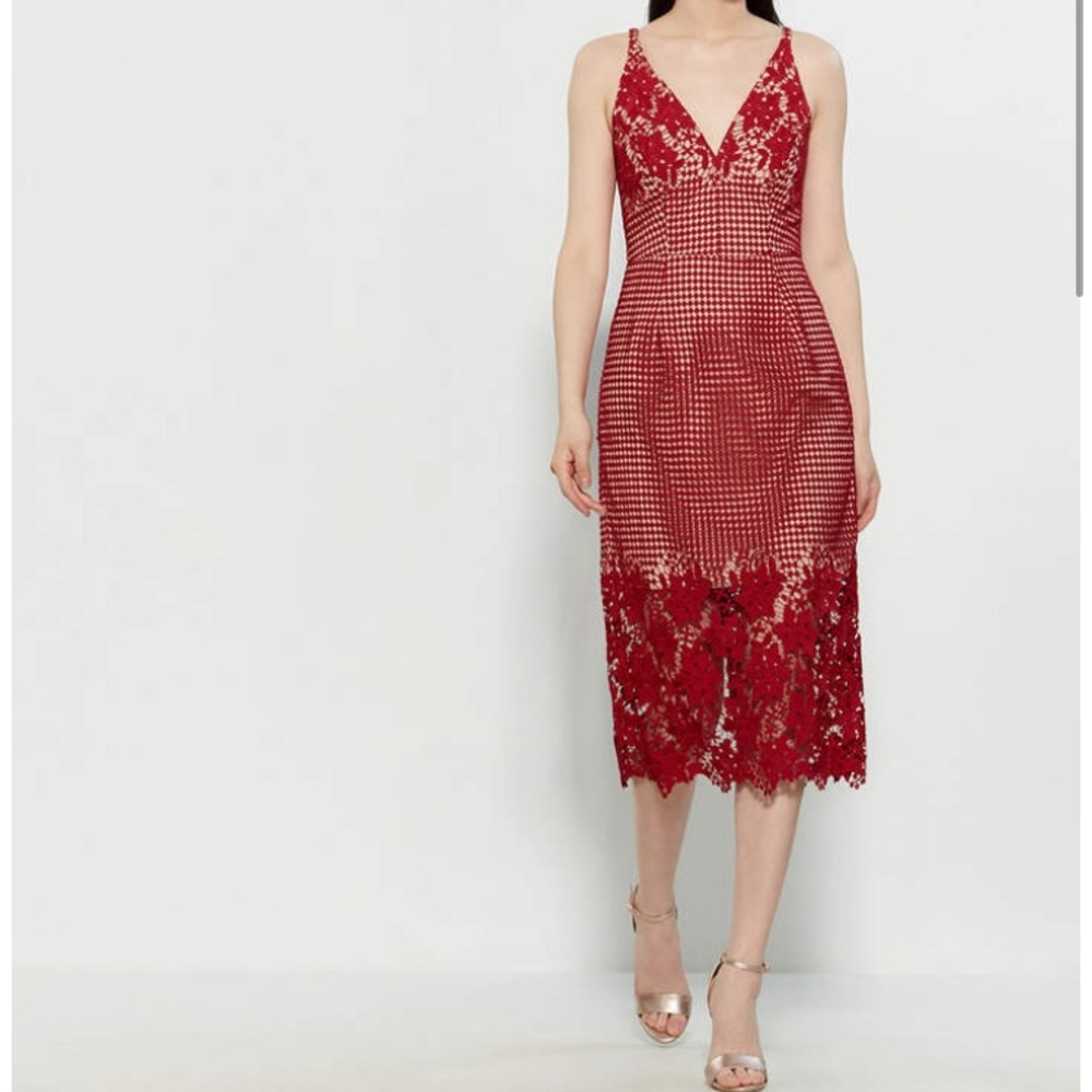 NWT Dress the Population Aurora Red Lace Dress Midi Red Sleeveless Party…
